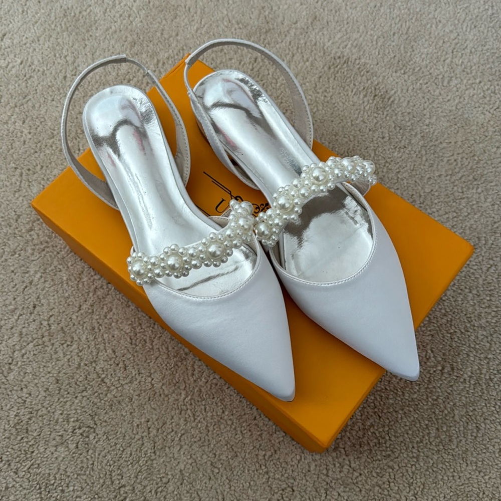 Up2Step White Pearl Embellished Satin Flats Slingbacks Pumps Closed Toe Flat